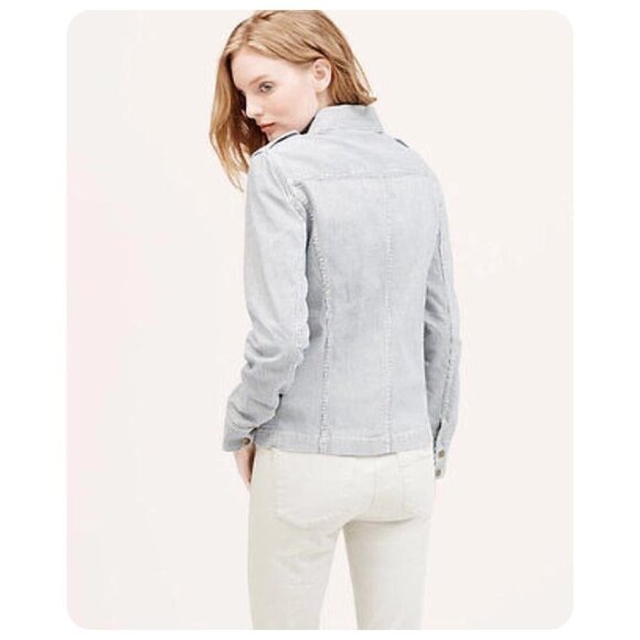 * LOFT Blue White Railroad Stripe Utility Jacket sz M - Picture 2 of 8